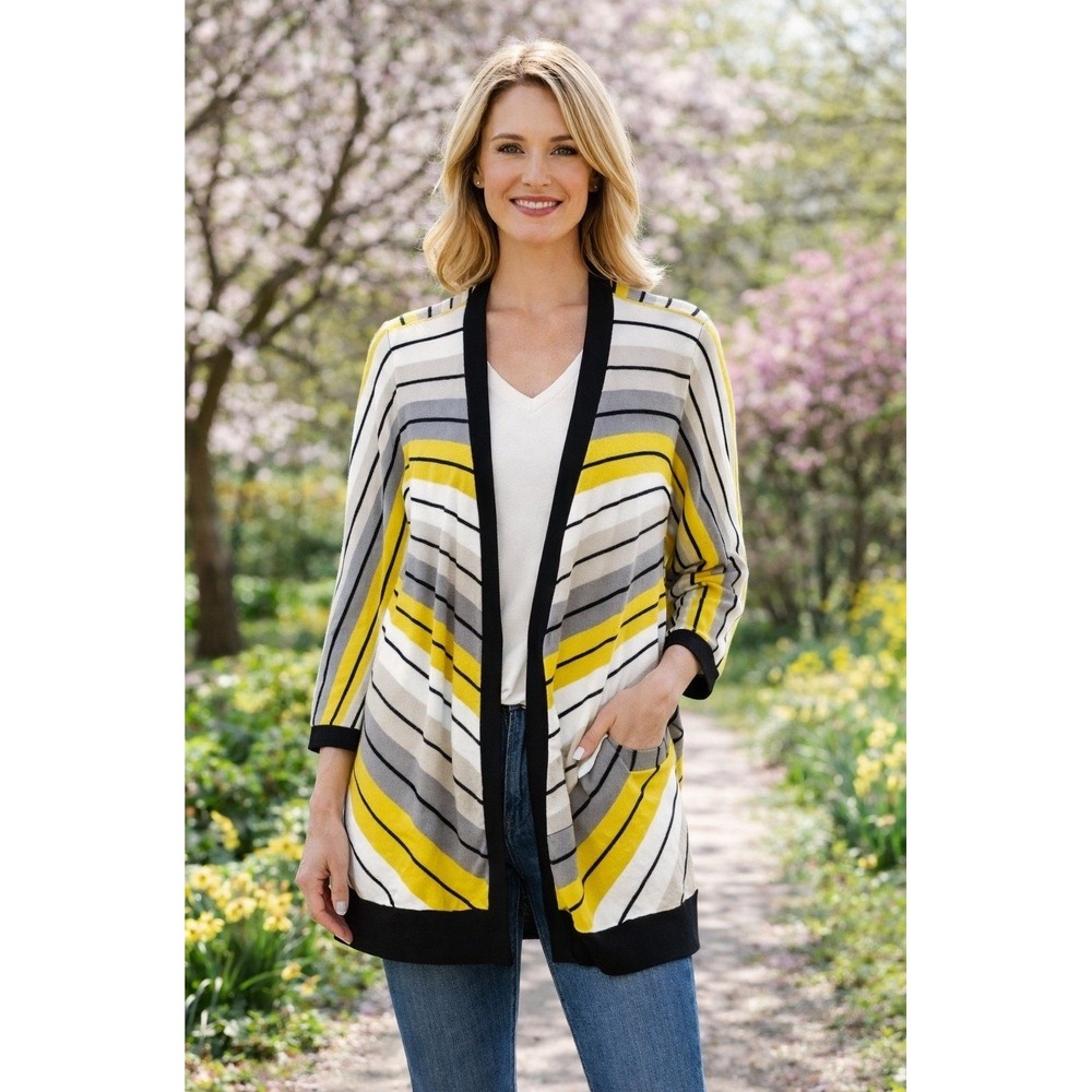 Kasper Womens Large Yellow Black‎ Gray White Stripe Open Cardigan Sweater Mature